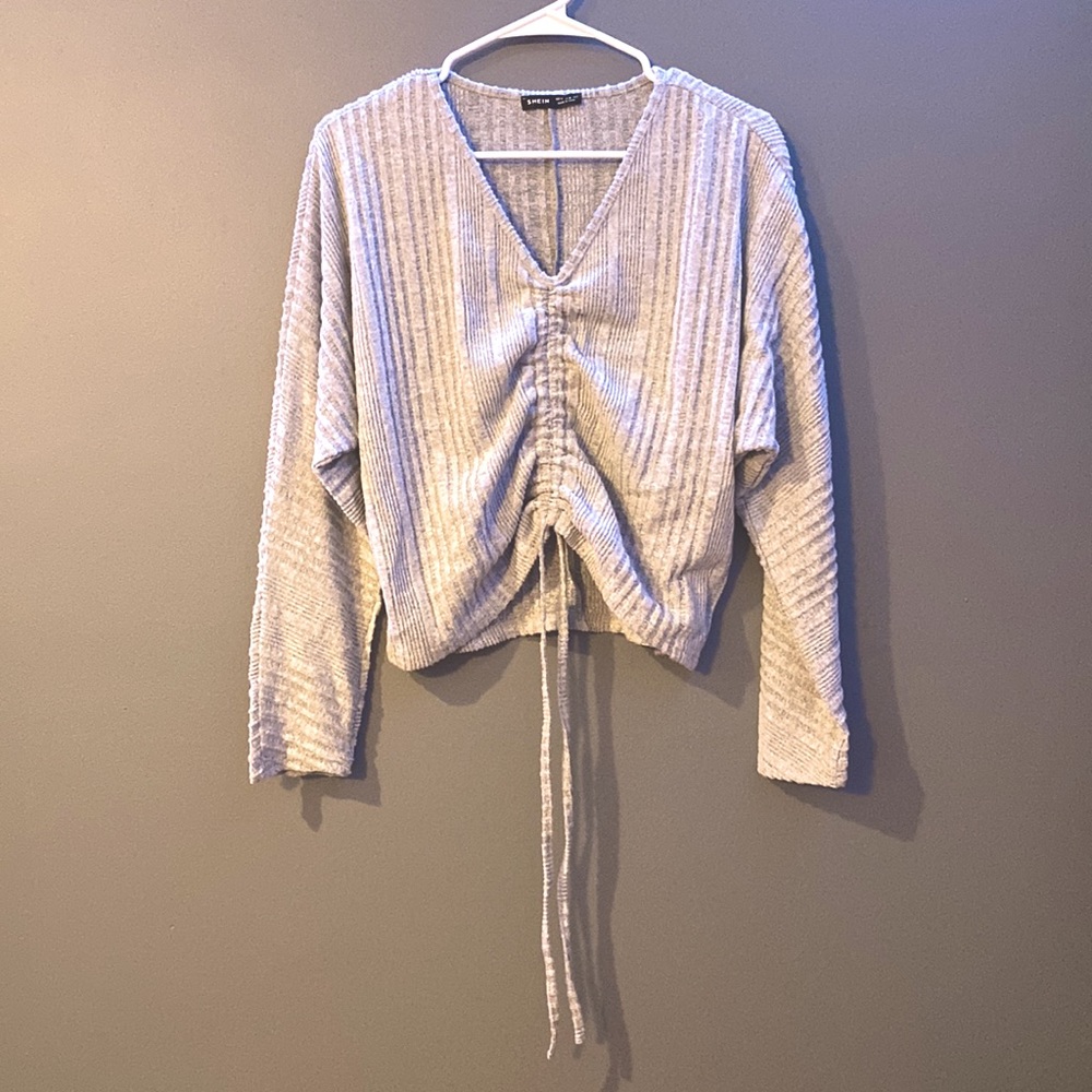 V Neck Drawstring Sweater, Light Gray - Picture 2 of 4